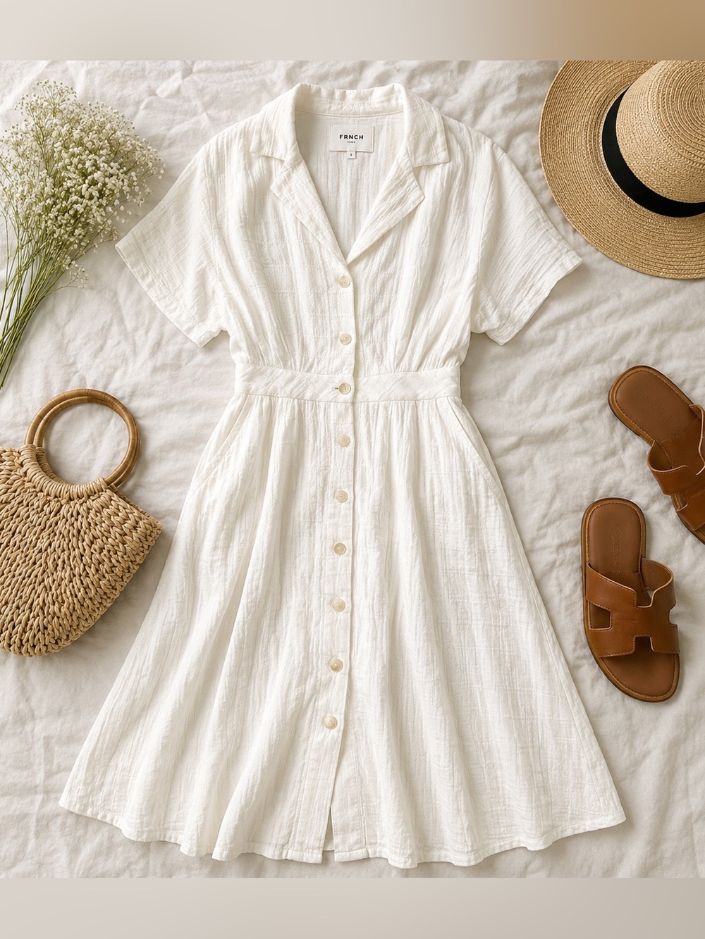 FRNCH Paris Textured Cotton Midi Dress With Pockets